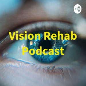 Close-up of eyeball with the text Vision Rehab Podcast over it
